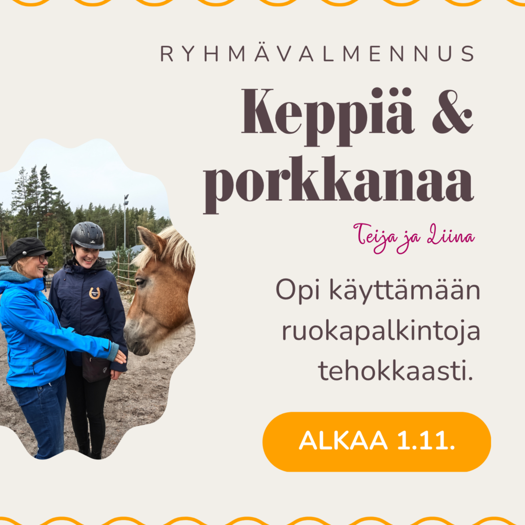 Keppiä ja porkkanaa -verkkovalmennuksen tuotekortti. Kuvassa kaksi hymyilevää naista ja liinakko suomenhevonen tarhassa. Kortti on linkki verkkokurssin myyntisivulle.